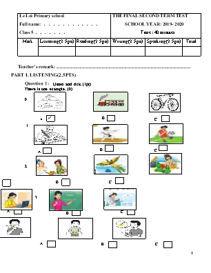 Đề kiểm tra Cuối học kì 2 môn Tiếng Anh Lớp 5 - Năm học 2019-2020 (Có đáp án)