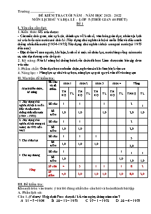 Đề kiểm tra Cuối năm môn Lịch sử và Địa lí Lớp 5 - Năm học 2021-2022