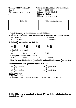 Đề kiểm tra đầu năm môn Toán Lớp 5 - Năm học 2020-2021 - Trường Tiểu học Bình Đức (Có đáp án)