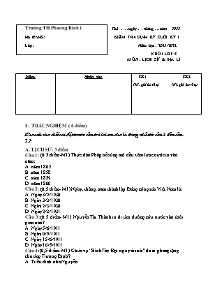 Đề kiểm tra định kì Cuối học kì 1 môn Lịch sử và Địa lí Lớp 5 - Năm học 2021-2022 - Trường Tiểu học Phương Bình 1 (Có đáp án)