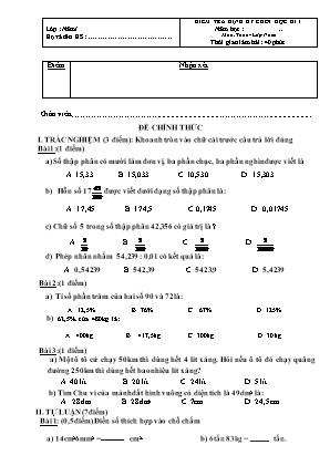 Đề kiểm tra định kì Cuối học kì 1 môn Toán Lớp 5 - Đề chính thức (Có đáp án)