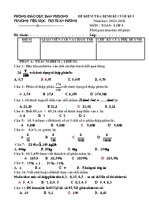 Đề kiểm tra định kì Cuối học kì 1 môn Toán Lớp 5 - Năm học 2021-2022 - Trường Tiểu học Thị trấn Phùng (Có đáp án)