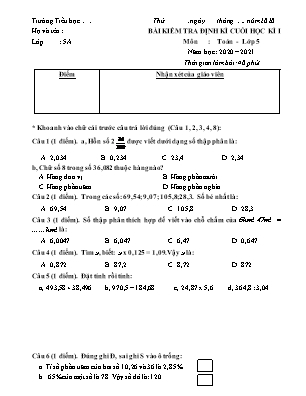 Đề kiểm tra định kì Cuối học kì 1 môn Toán Lớp 5 - Năm học 2020-2021 (Có đáp án)