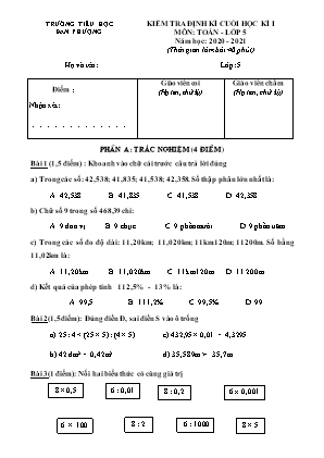 Đề kiểm tra định kì Cuối học kì 1 môn Toán Lớp 5 - Năm học 2020-2021 - Trường Tiểu học Đan Phượng (Có đáp án)