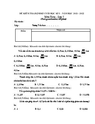 Đề kiểm tra định kì Cuối học kì 1 môn Toán Lớp 5 - Năm học 2021-2022 (Có đáp án)