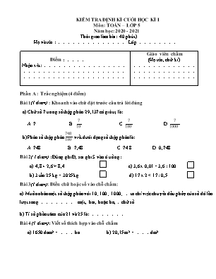 Đề kiểm tra định kì Cuối học kì 1 môn Toán và Tiếng Việt Lớp 5 - Năm học 2020-2021