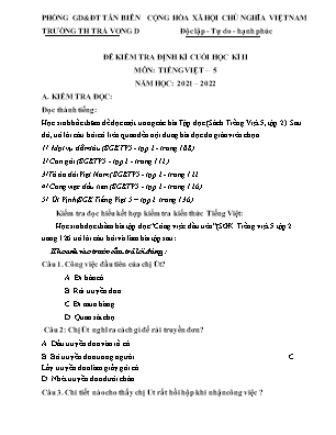 Đề kiểm tra định kì Cuối học kì 2 Các môn Lớp 5 - Năm học 2021-2022 - Trường Tiểu học Trà Vong