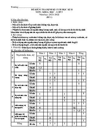 Đề kiểm tra định kì Cuối học kì 2 môn Khoa học Lớp 5 - Đề 1 - Năm học 2021-2022