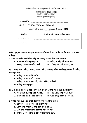 Đề kiểm tra định kì Cuối học kì 2 môn Khoa học Lớp 5 - Năm học 2020-2021 - Trường Tiểu học Đặng Lễ (Có đáp án)