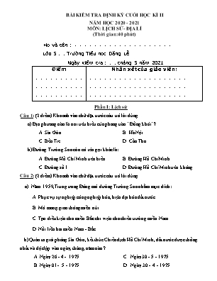 Đề kiểm tra định kì Cuối học kì 2 môn Lịch sử và Địa lí Lớp 5 - Năm học 2020-2021 - Trường Tiểu học Đặng Lễ (Có đáp án)