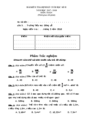 Đề kiểm tra định kì Cuối học kì 2 môn Toán Lớp 5 - Năm học 2017-2018 - Trường Tiểu học Đặng Lễ (Có đáp án)