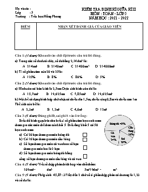 Đề kiểm tra định kì Giữa học học kì 2 môn Toán Lớp 5 - Năm học 2021-2022 - Trường Tiểu học Hồng Phong (Có đáp án)
