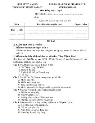 Đề kiểm tra định kì Giữa học kì 1 môn Tiếng Việt Lớp 3 - Năm học 2021-2022 - Trường Tiểu học Thị trấn Hát Lót (Có đáp án)