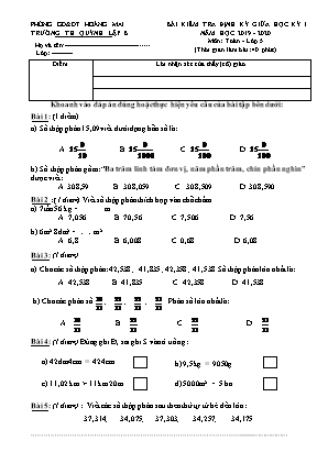 Đề kiểm tra định kì Giữa học kì 1 môn Toán Lớp 5 - Năm học 2019-2020 - Trường Tiểu học Quỳnh Lập B (Có đáp án)