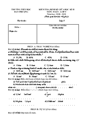 Đề kiểm tra định kì Giữa học kì 1 môn Toán Lớp 5 - Năm học 2020-2021 - Trường Tiểu học Đan Phượng