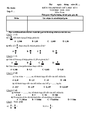 Đề kiểm tra định kì Giữa học kì 1 môn Toán Lớp 5 - Năm học 2020-2021 (Có đáp án)