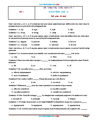 Đề kiểm tra Giữa học kì 1 môn Tiếng Anh Lớp 12 - Đề 1 (Có đáp án)