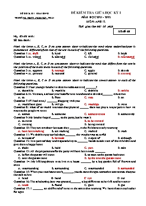 Đề kiểm tra Giữa học kì 1 môn Tiếng Anh Lớp 12 - Năm học 2021-2022 - Trường THPT Nguyễn Trãi (Có đáp án)