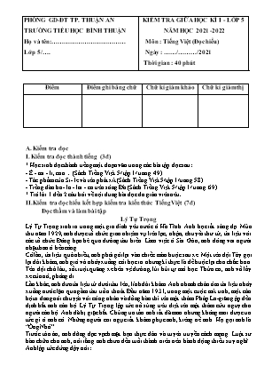 Đề kiểm tra Giữa học kì 1 môn Tiếng Việt Lớp 5 - Năm học 2021-2022 - Trường Tiểu học Bình Thuận (Có đáp án)