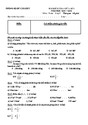 Đề kiểm tra Giữa học kì 1 môn Toán Khối 5 - Năm học 2021-2022