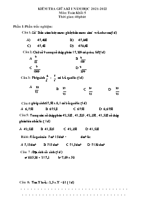 Đề kiểm tra Giữa học kì 1 môn Toán Khối 5 - Năm học 2021-2022 (Có đáp án)