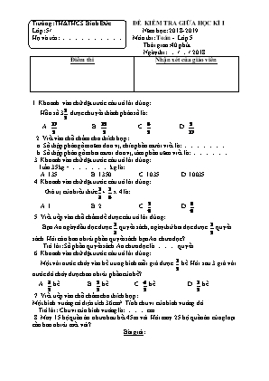Đề kiểm tra Giữa học kì 1 môn Toán Lớp 5 - Năm học 2018-2019 - Trường Tiểu học Bình Đức (Có đáp án)