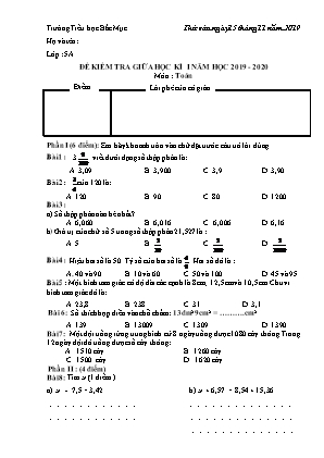 Đề kiểm tra Giữa học kì 1 môn Toán Lớp 5 - Năm học 2019-2020 - Trường Tiểu học Bắc Mục (Có đáp án)