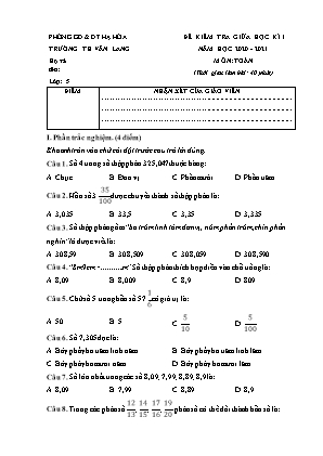 Đề kiểm tra Giữa học kì 1 môn Toán Lớp 5 - Năm học 2020-2021 - Trường Tiểu học Văn Lang
