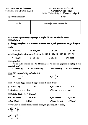 Đề kiểm tra Giữa học kì 1 môn Toán Lớp 5 - Năm học 2020-2021 - Trường Tiểu học Quỳnh Lập B