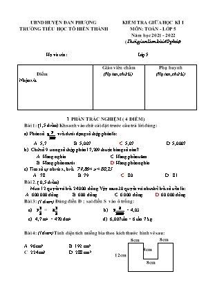Đề kiểm tra Giữa học kì 1 môn Toán Lớp 5 - Năm học 2021-2022 - Trường Tiểu học Tô Hiến Thành (Có đáp án)