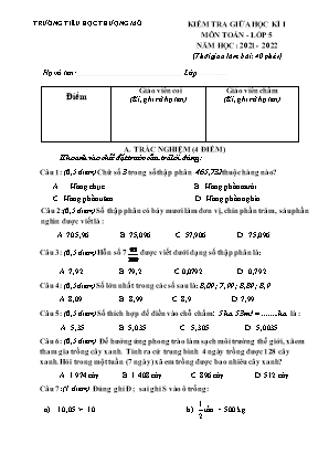 Đề kiểm tra Giữa học kì 1 môn Toán Lớp 5 - Năm học 2021-2022 - Trường Tiểu học Thượng Mỗ (Có đáp án)