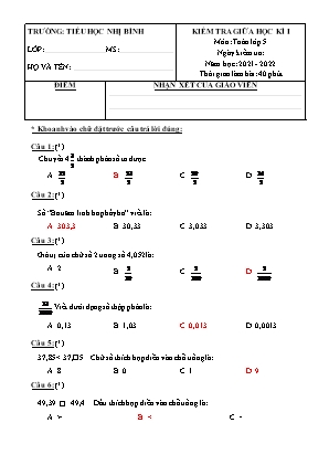 Đề kiểm tra Giữa học kì 1 môn Toán Lớp 5 - Năm học 2021-2022 - Trường Tiểu học Nhị Bình (Có đáp án)