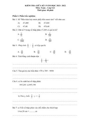 Đề kiểm tra Giữa học kì 1 môn Toán Lớp 5 - Năm học 2021-2022