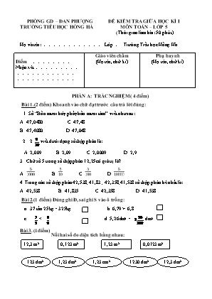 Đề kiểm tra Giữa học kì 1 môn Toán Lớp 5 - Trường Tiểu học Hồng Hà