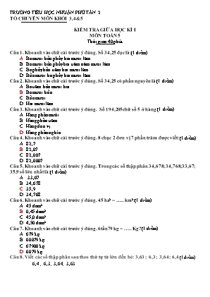Đề kiểm tra Giữa học kì 1 môn Toán Lớp 5 - Trường Tiểu học Nhuận Phú Tân 2 (Có đáp án)