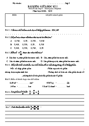 Đề kiểm tra Giữa học kì 1 môn Toán và Tiếng Việt Lớp 5 - Năm học 2020-2021 (Có đáp án)