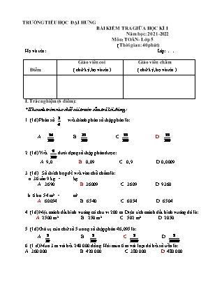 Đề kiểm tra Giữa học kì 1 môn Toán và Tiếng Việt Lớp 5 - Năm học 2021-2022 - Trường Tiểu học Đại Hưng (Có đáp án)