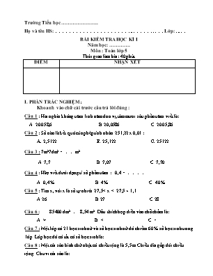 Đề kiểm tra Học kì 1 môn Toán Khối 5 (Có đáp án)