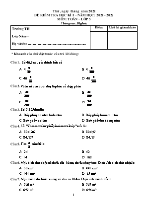 Đề kiểm tra Học kì 1 môn Toán Khối 5 - Năm học 2021-2022