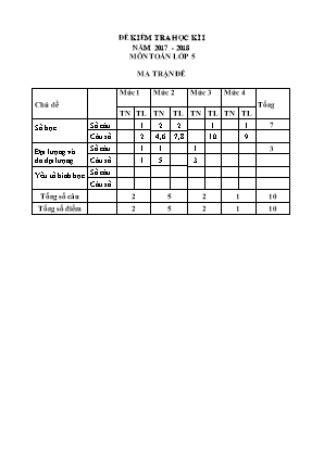 Đề kiểm tra Học kì 2 môn Toán Lớp 5 - Năm học 2017-2018 (Có đáp án)