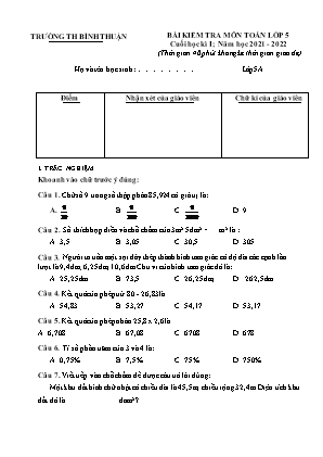 Đề kiểm tra môn Toán Lớp 5 - Năm học 2021-2022 - Trường Tiểu học Bình Thuận (Có đáp án)