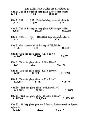 Đề kiểm tra môn Toán Lớp 5 - Tháng 12 - Bài số 2 (Có đáp án)