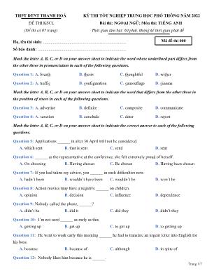Đề thi Khảo sát chất lượng môn Tiếng Anh Lớp 12 - Mã đề: 000 - Năm học 2022 - Trường THPT DTNT Thanh Hóa