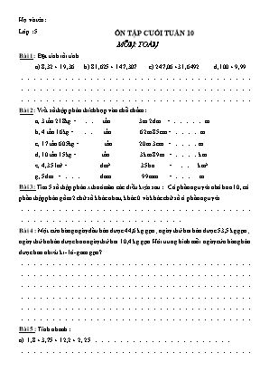 Ôn tập cuối tuần môn Toán Lớp 5 - Tuần 10