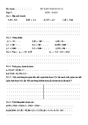 Ôn tập cuối tuần môn Toán Lớp 5 - Tuần 12