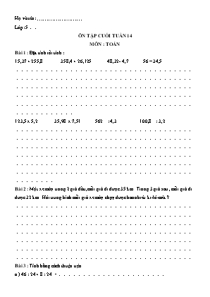 Ôn tập cuối tuần môn Toán Lớp 5 - Tuần 14