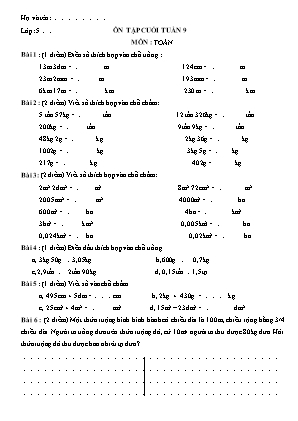 Ôn tập cuối tuần môn Toán Lớp 5 - Tuần 9