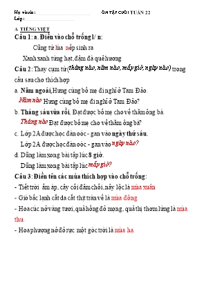 Ôn tập môn Toán và Tiếng Việt Lớp 3 - Tuần 22 (Có đáp án)