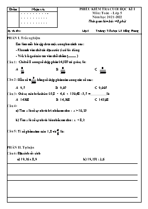 Phiếu kiểm tra Cuối học kì 1 môn Toán Lớp 5 - Năm học 2021-2022