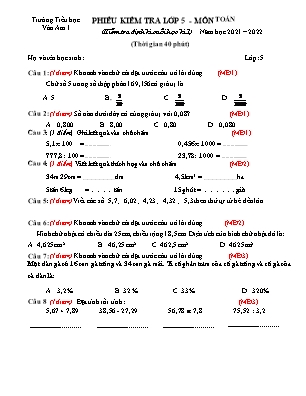 Phiếu kiểm tra môn Toán Lớp 5 - Năm học 2021-2022 - Trường Tiểu học Vân Am 1